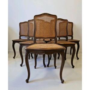 Set Of 6 Antique Provencal Dining Chairs With Rattan Backs, Louis X Style