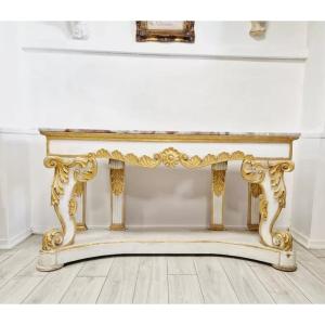 Large Antique Console With Marble Top, Gilded Wood Entrance Table, Château Style.