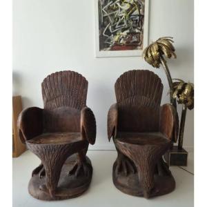 Paire de fauteuils « trône » Art déco sculptés à la main avec motifs d'aigles – fauteuils d'art
