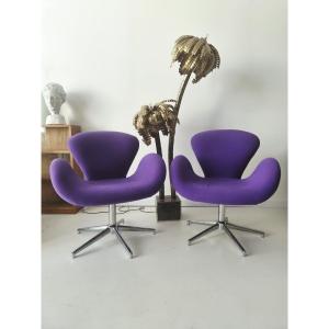 Pair Of Retro "swan"-style Swivel Armchairs, Inspired By Arne Jacobsen