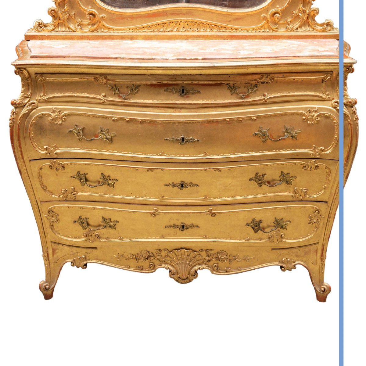 Paire de commodes avec miroirs en bois dor&eacute; et dessus en marbre, XIXe-photo-2