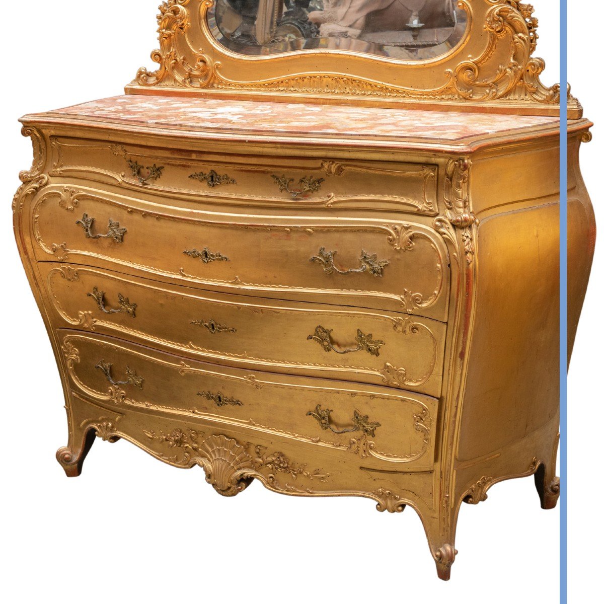 Paire de commodes avec miroirs en bois dor&eacute; et dessus en marbre, XIXe-photo-4