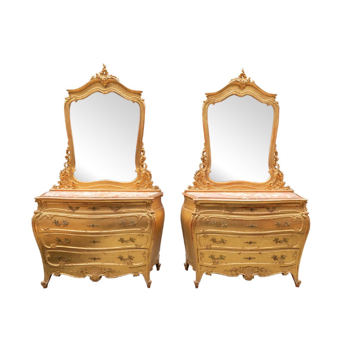 Paire de commodes avec miroirs en bois dor&eacute; et dessus en marbre, XIXe