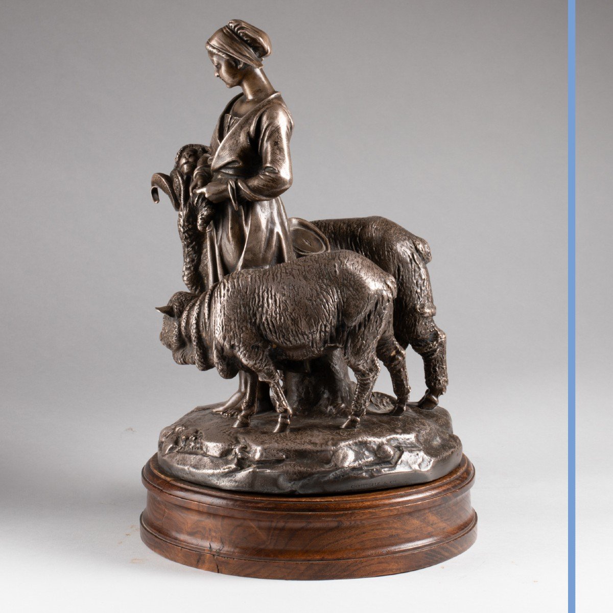 Christofle,  Bergère et ses moutons, trophée agricole en métal, XIXe-photo-2