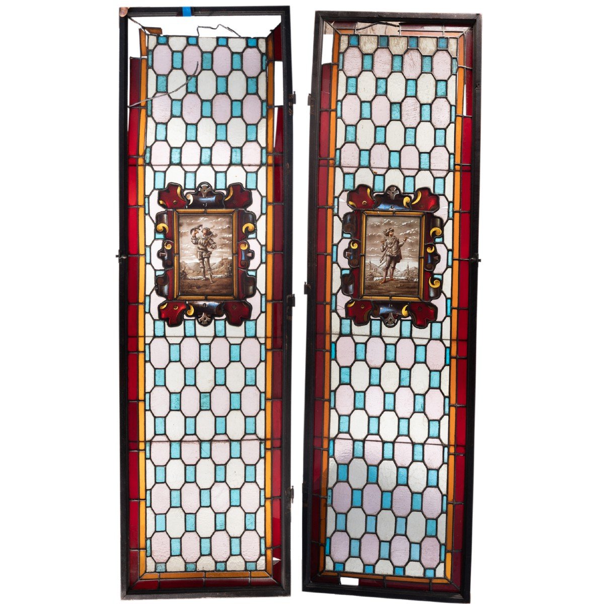 Paire de vitraux à motifs géométriques et portraits, XIXe