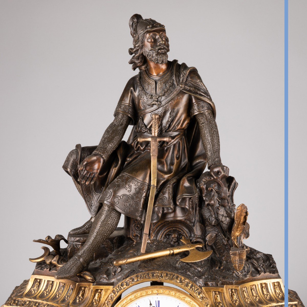 Pendule au guerrier en bronze et marbre noir, XIXe-photo-2