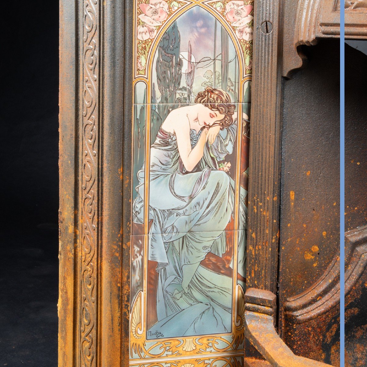 Foyer de chemin&eacute;e en fonte et c&eacute;ramique, Art Nouveau, XXe-photo-3