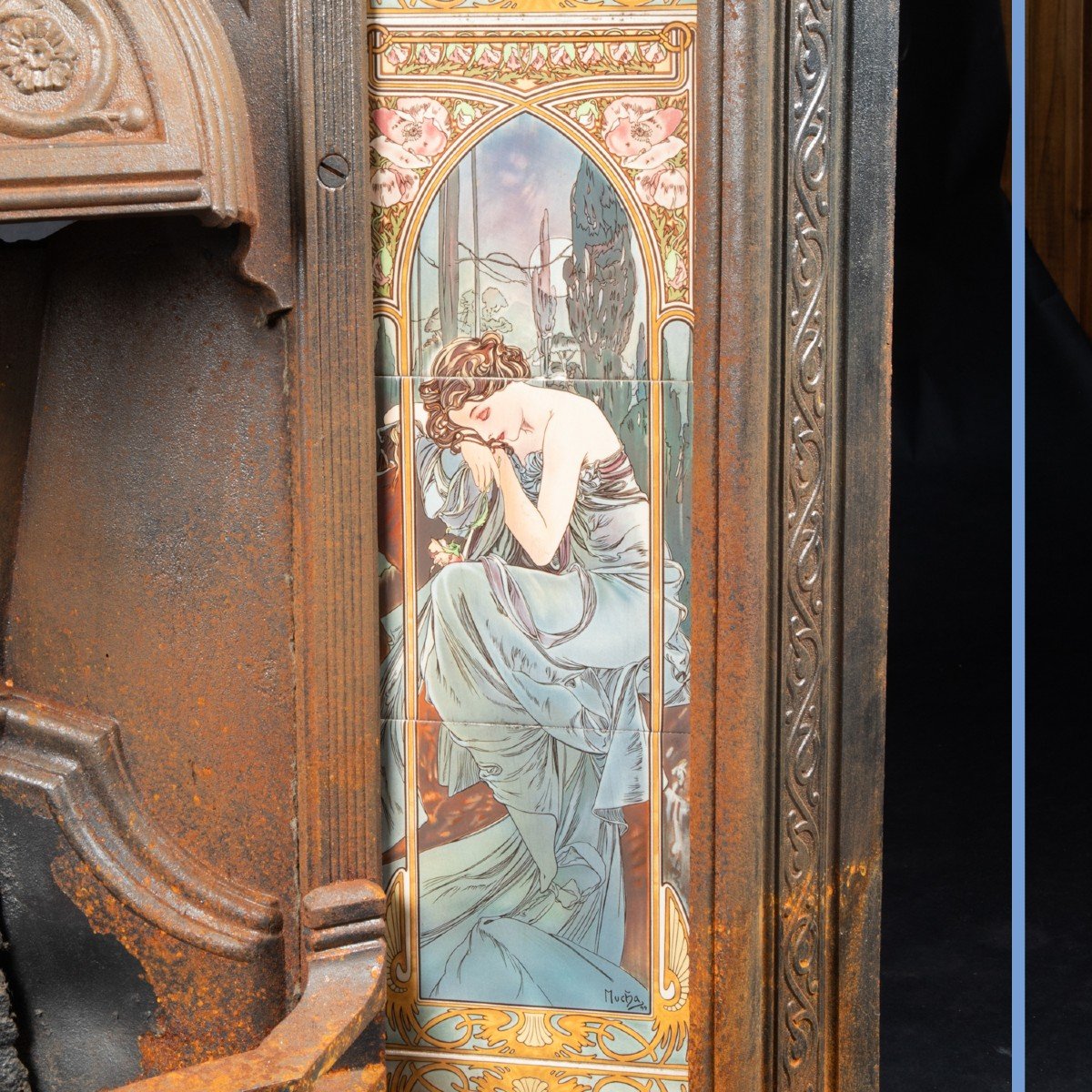 Foyer de chemin&eacute;e en fonte et c&eacute;ramique, Art Nouveau, XXe-photo-2