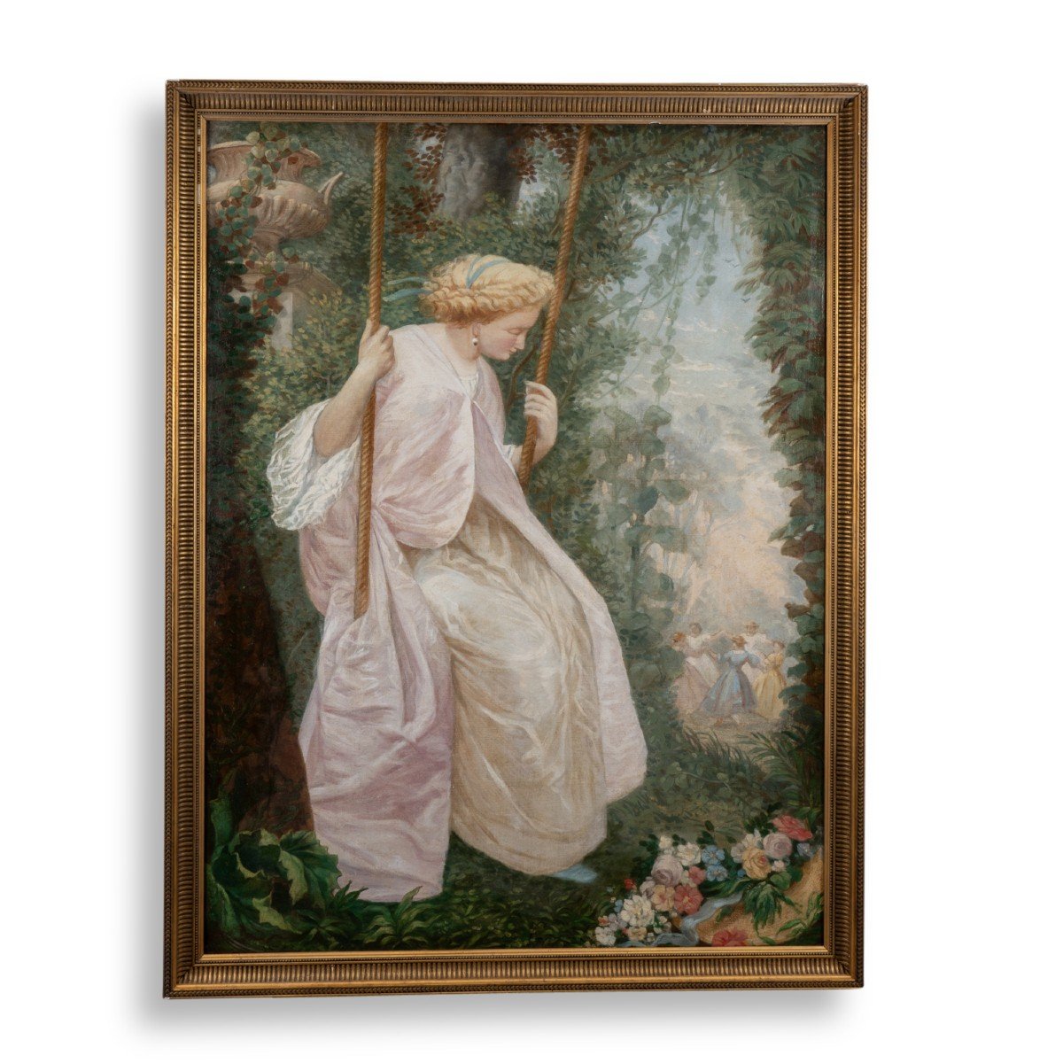 Elégante sur une balançoire, huile sur toile, début XXe