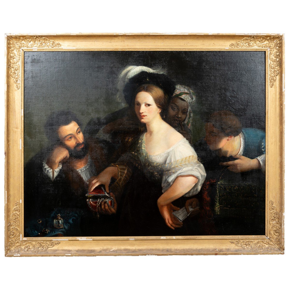 D'après Xavier Sigalon (1787 -1837), La jeune courtisane et ses soupirants, huile sur toile, XIXe