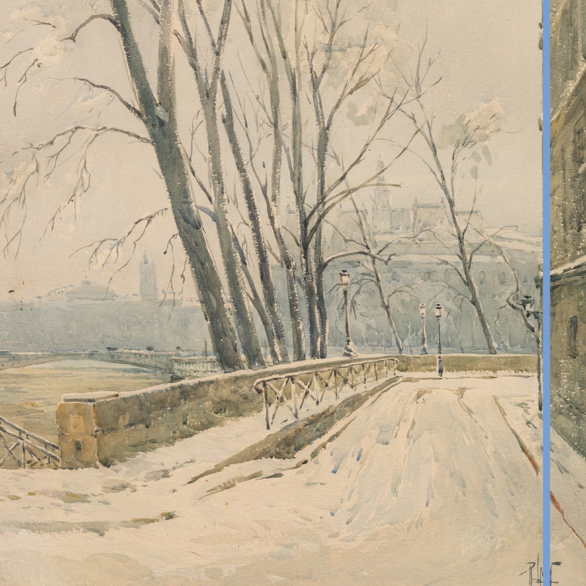 René Leverd (1872-1938), Les quais de Seine de Paris sous la neige, aquarelle  gouachée, XXe-photo-3