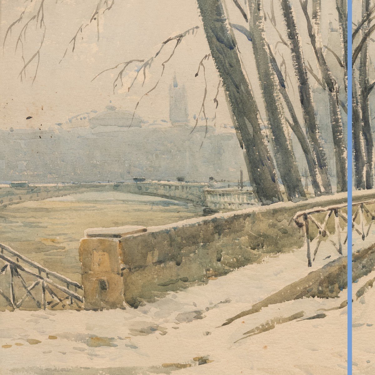 René Leverd (1872-1938), Les quais de Seine de Paris sous la neige, aquarelle  gouachée, XXe-photo-4