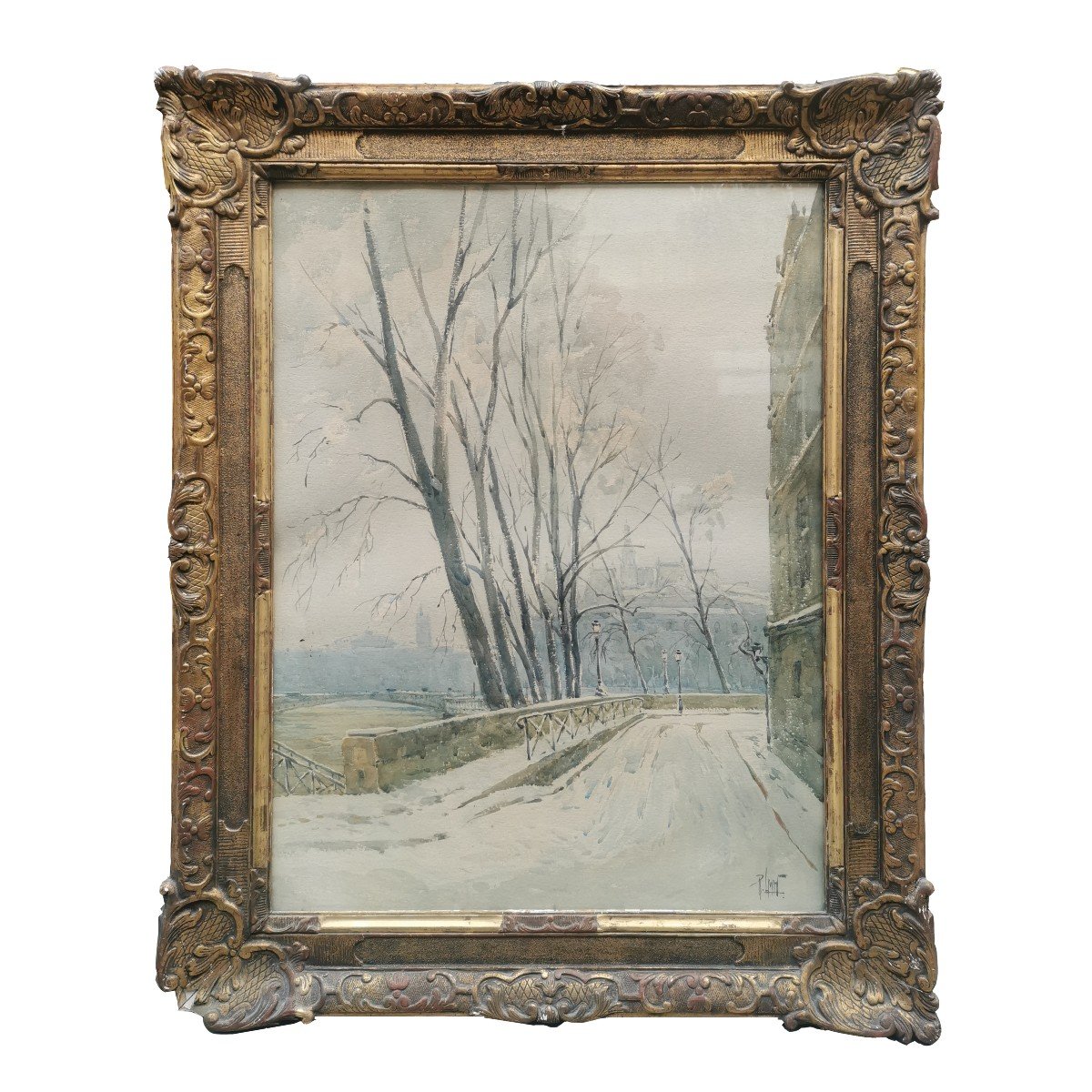 René Leverd (1872-1938), Les quais de Seine de Paris sous la neige, aquarelle  gouachée, XXe