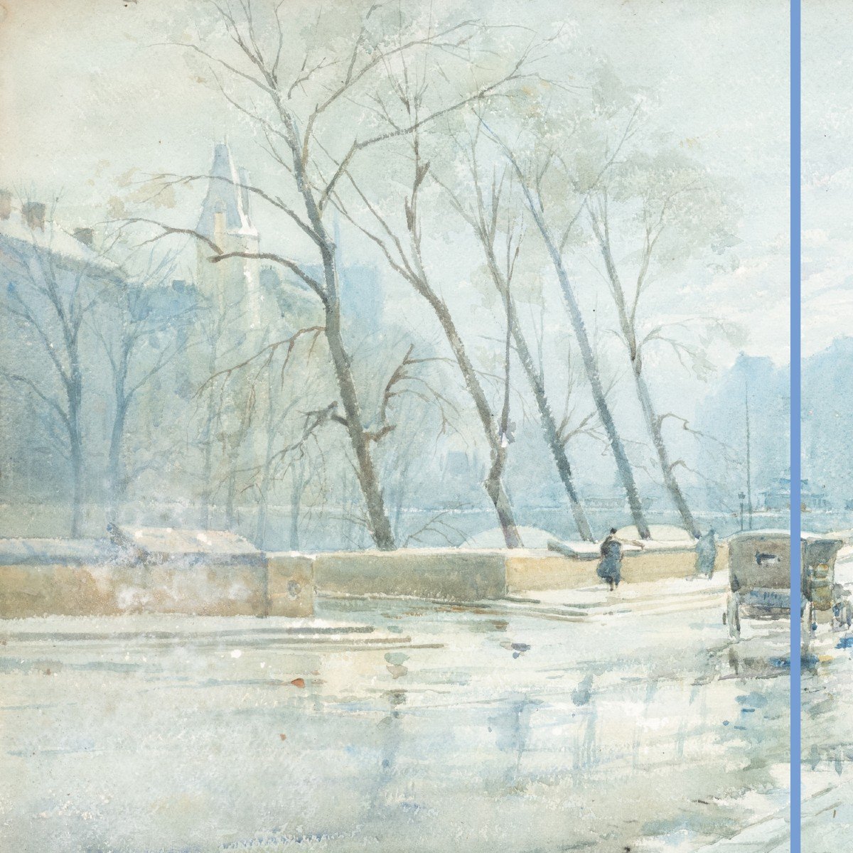 René Leverd (1872-1938), Les quais de Seine de Paris sous la neige et sous la pluie , paire d'aquarelles, XXe-photo-2