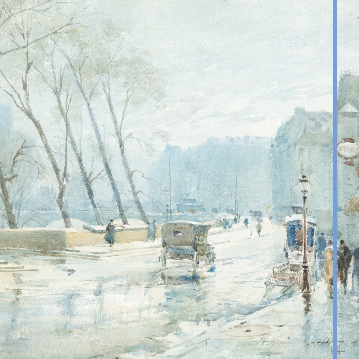René Leverd (1872-1938), Les quais de Seine de Paris sous la neige et sous la pluie , paire d'aquarelles, XXe-photo-3