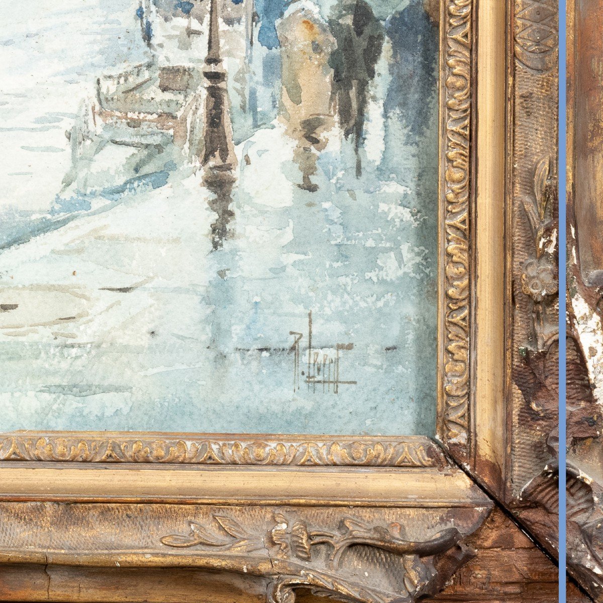 René Leverd (1872-1938), Les quais de Seine de Paris sous la neige et sous la pluie , paire d'aquarelles, XXe-photo-4