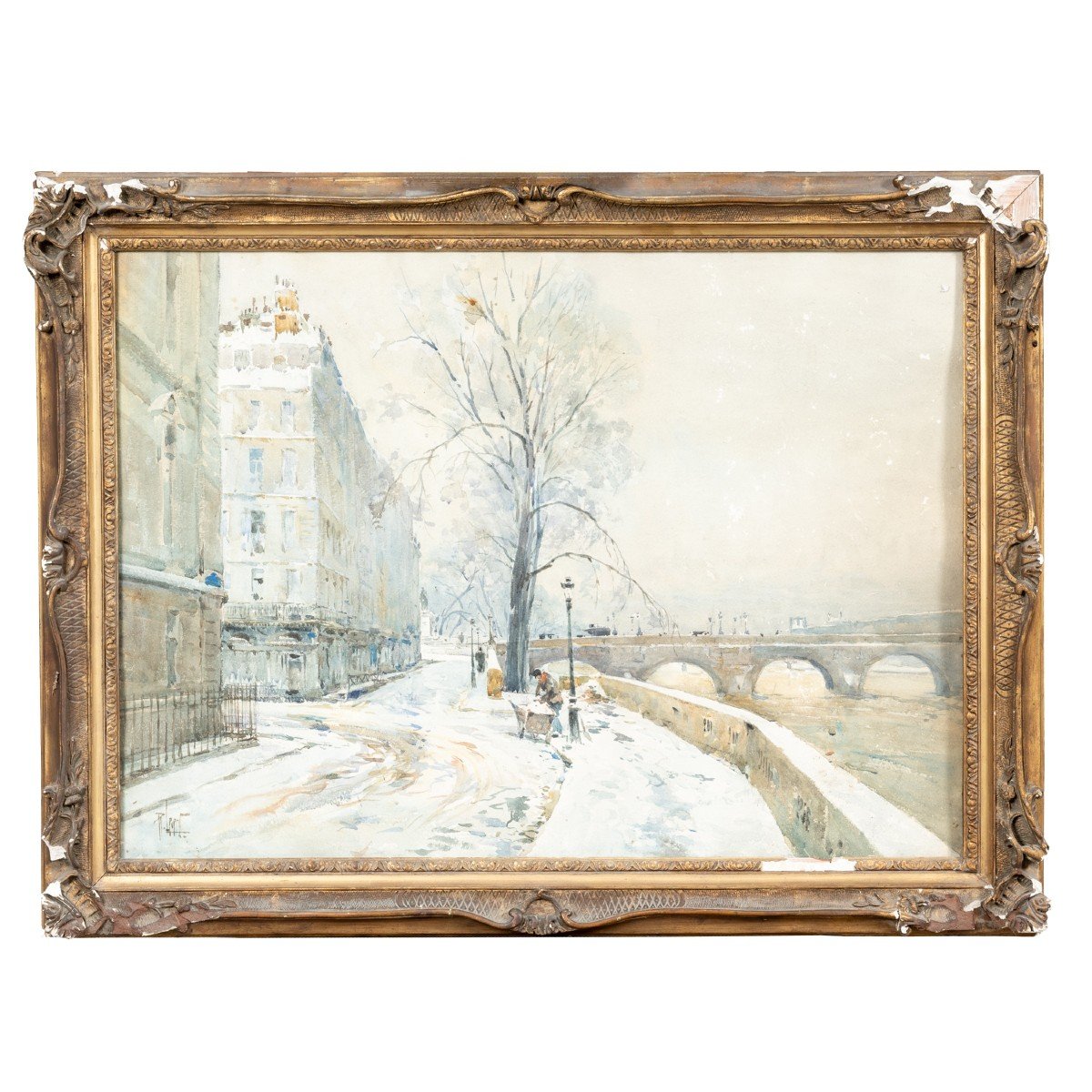 René Leverd (1872-1938), Les quais de Seine de Paris sous la neige et sous la pluie , paire d'aquarelles, XXe-photo-2
