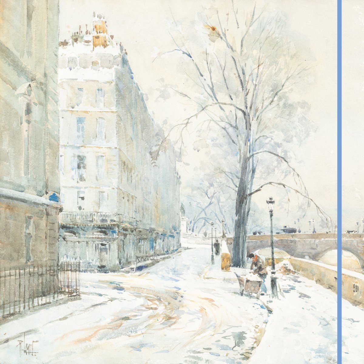 René Leverd (1872-1938), Les quais de Seine de Paris sous la neige et sous la pluie , paire d'aquarelles, XXe-photo-3