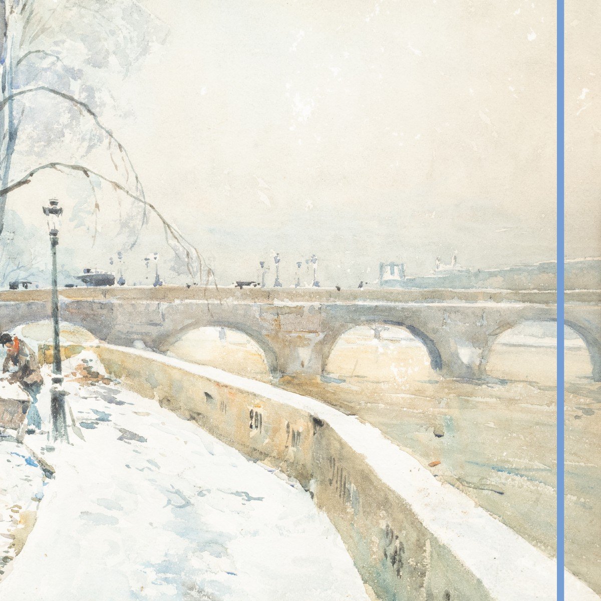 René Leverd (1872-1938), Les quais de Seine de Paris sous la neige et sous la pluie , paire d'aquarelles, XXe-photo-4