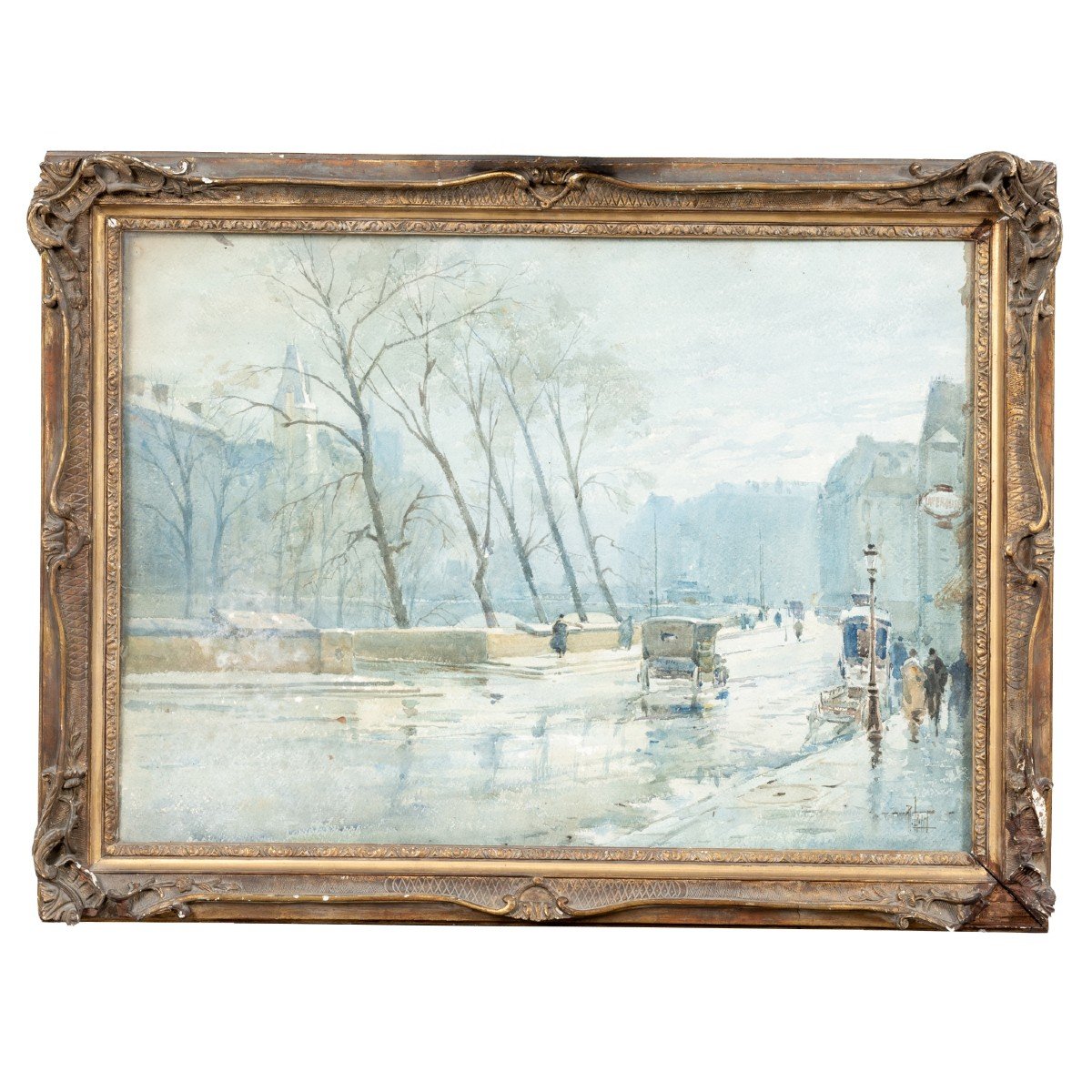 René Leverd (1872-1938), Les quais de Seine de Paris sous la neige et sous la pluie , paire d'aquarelles, XXe