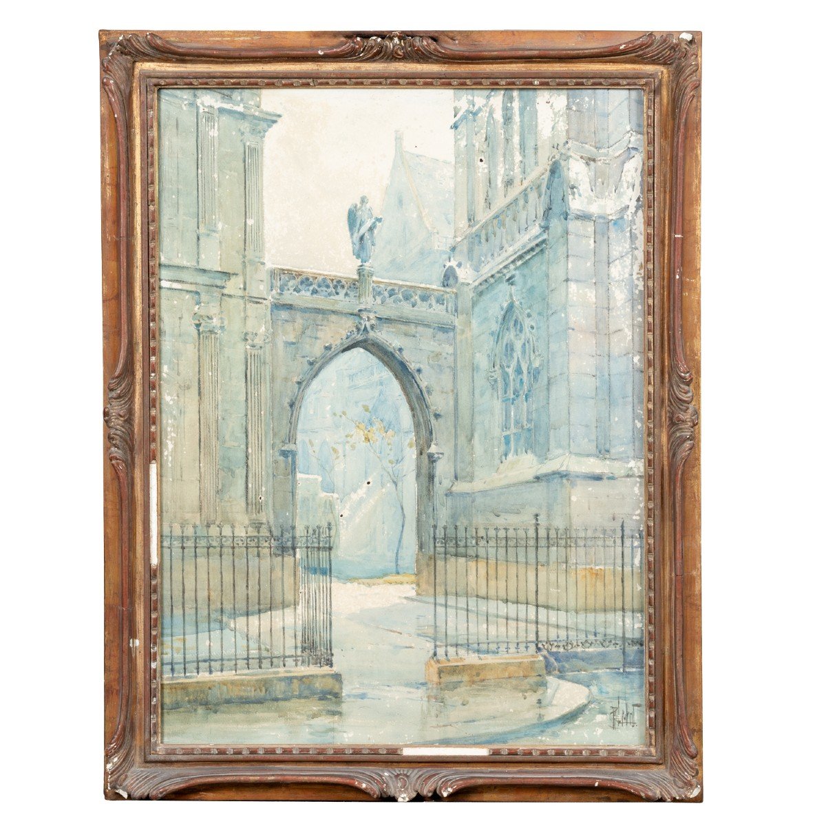 René Leverd (1872-1938), Porche d'une église Parisienne,  Aquarelle, XXe