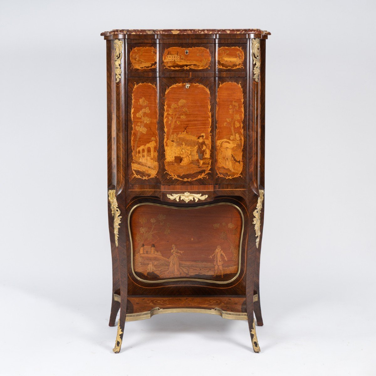 Secr&eacute;taire de Dame &agrave; ressaut aux cot&eacute;s galb&eacute;s, marqueterie et marbre br&egrave;che, XIXe