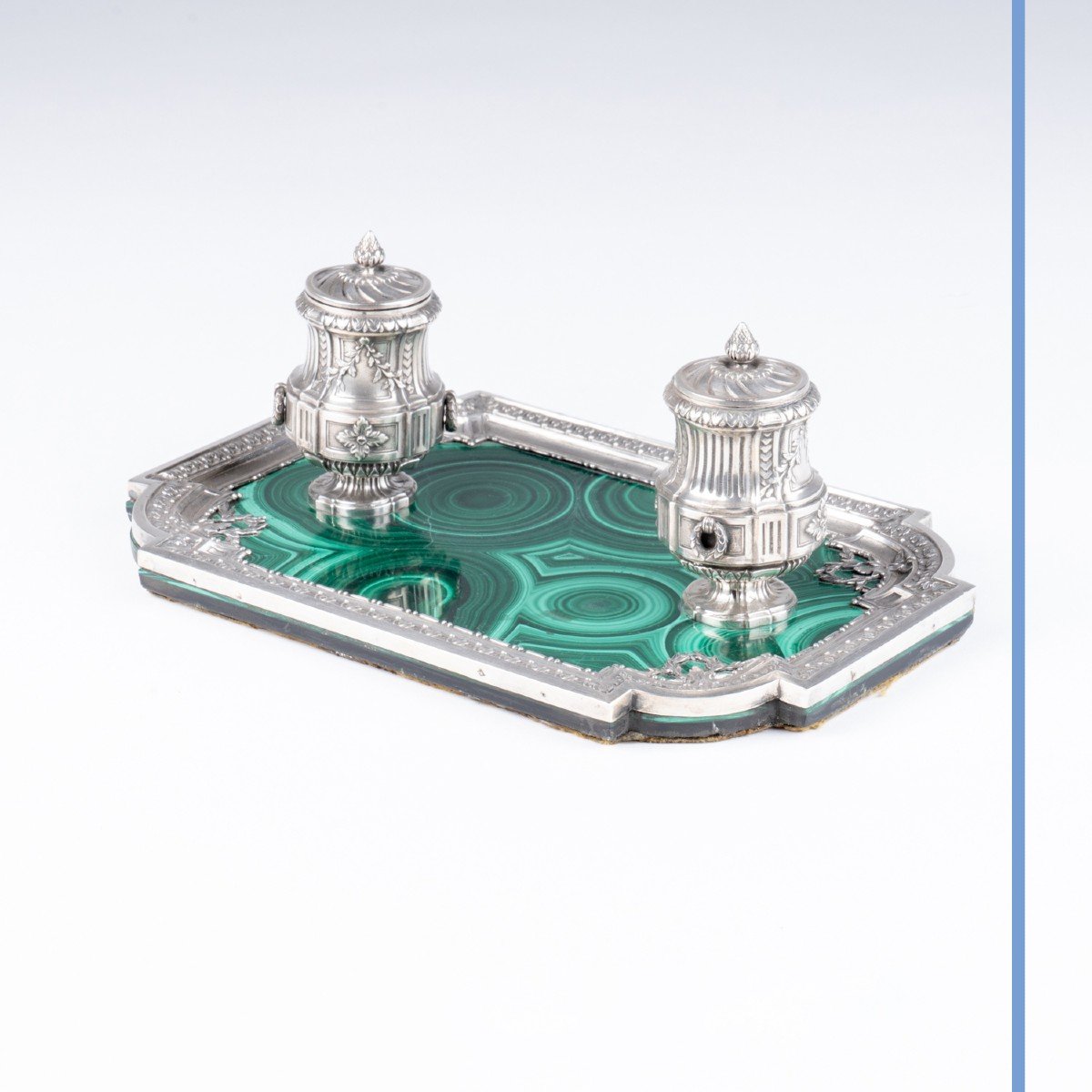 Guillemin Frères, encrier double en argent et placage de malachite, XIXe-photo-2