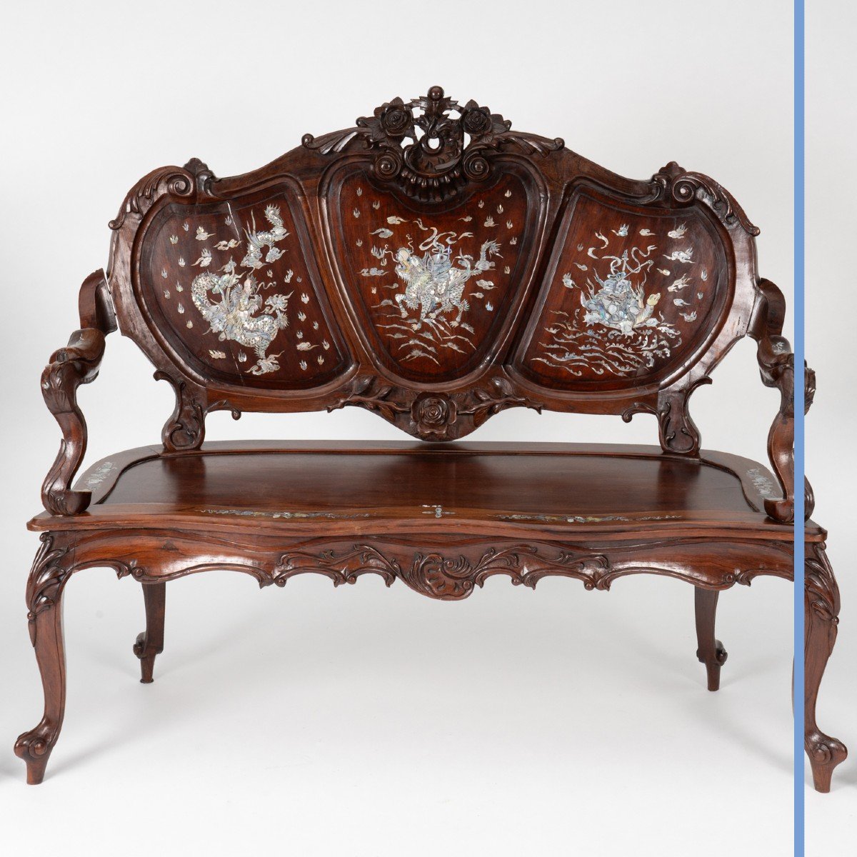 Indochinese Living Room Furniture In Exotic Wood Inlaid With Mother-of-pearl, 1900-photo-2