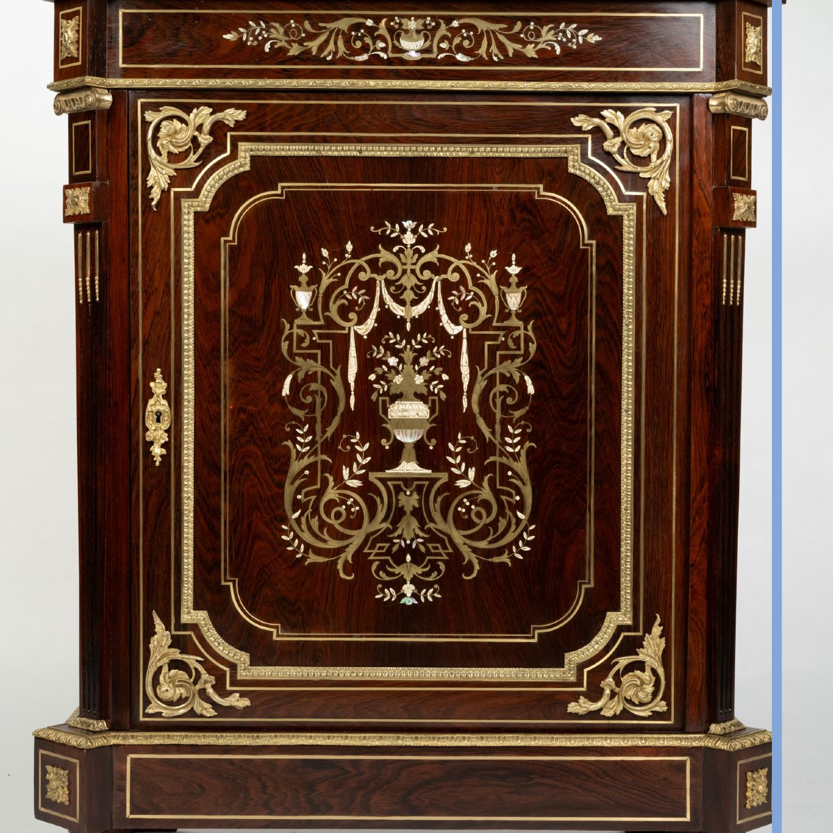 Palisander Wood Veneer And Brass, Bone And Mother-of-pearl Marquetry Cabinet, 19th-photo-4