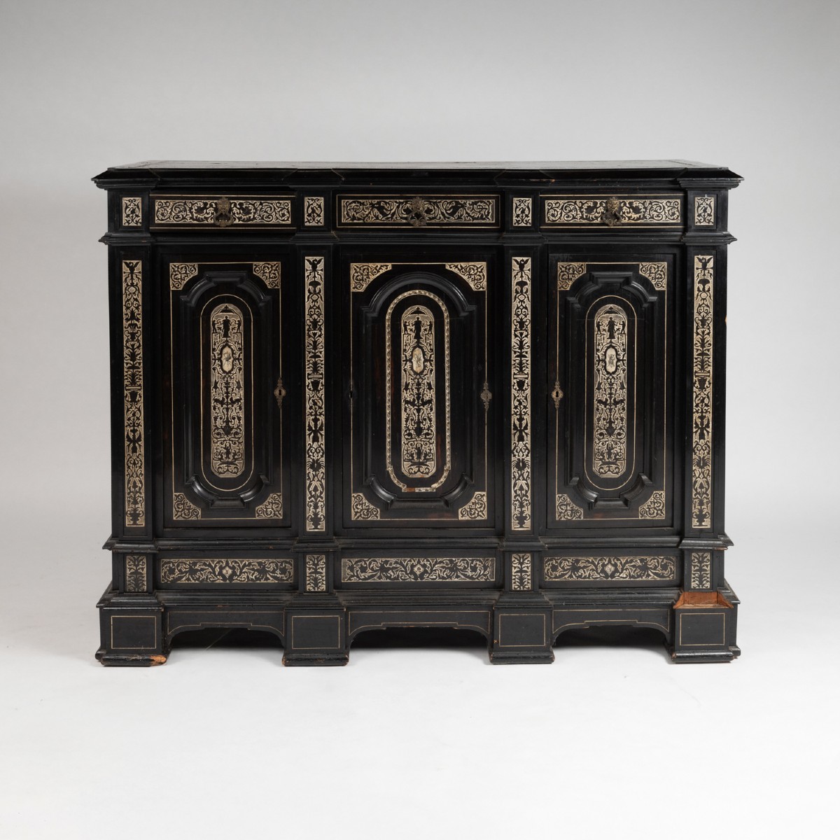 Italian Cabinet At Support Height In Blackened Wood And Inlay, 19th
