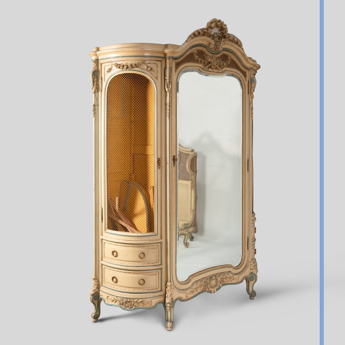 Louis XV Style Bedroom In Sand And Green Lacquered Wood, 19th-photo-3