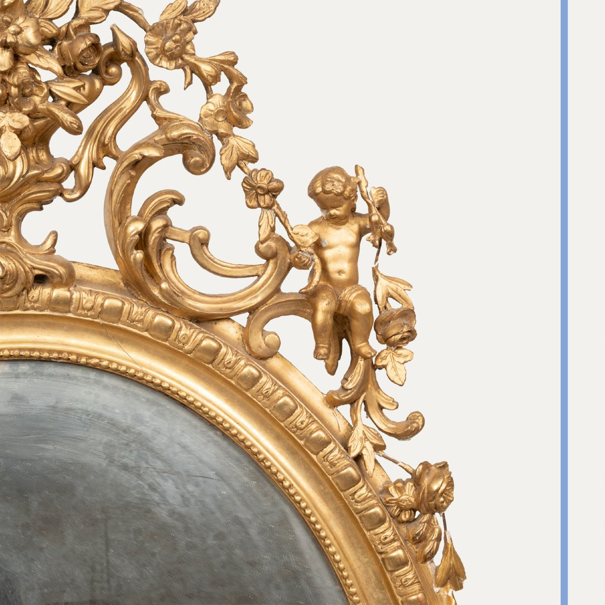 Miroir ovale en bois et stuc doré à fronton aux putti, XIXe-photo-2