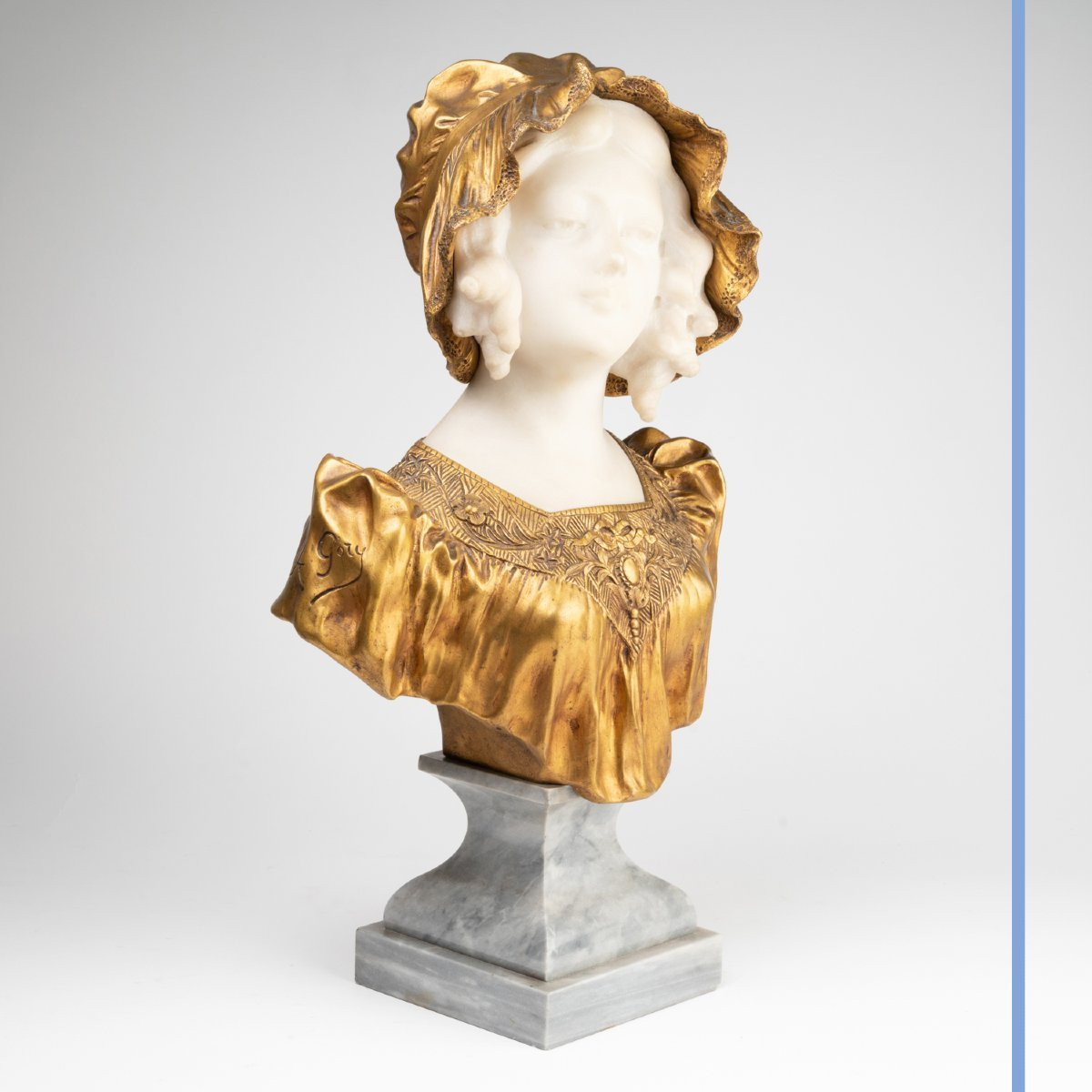 Affortunato Gory (1895-1925), Portrait Of A Young Woman With A Bonnet, Marble And Bronze, 20th-photo-2