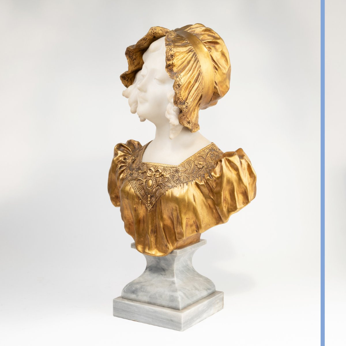 Affortunato Gory (1895-1925), Portrait Of A Young Woman With A Bonnet, Marble And Bronze, 20th-photo-2