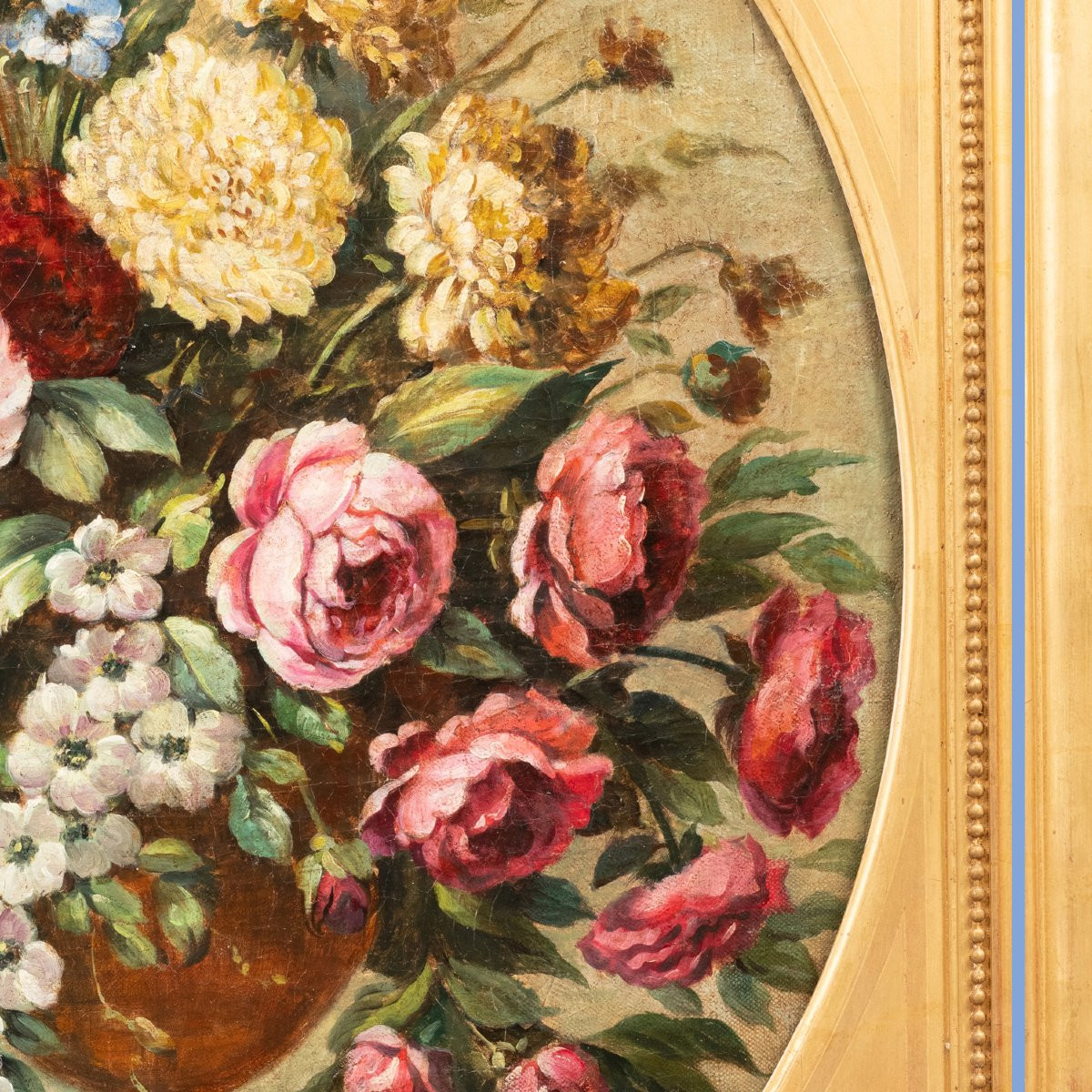 École Française du XIXe, Bouquets de fleurs sur entablement, paire d'huile sur toile, XIXe-photo-1