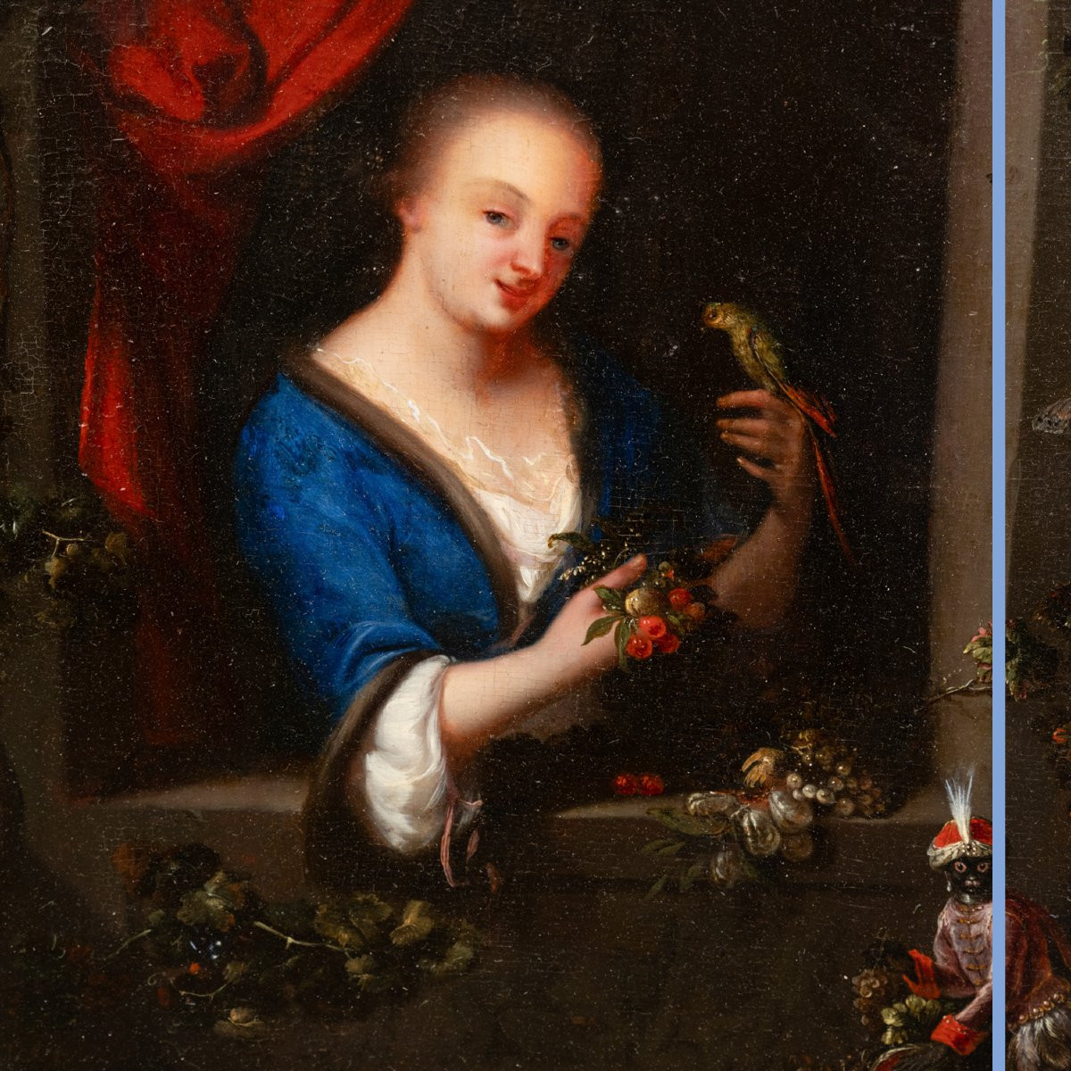 Follower Of Godfried Schalken (1643-1706), Woman With Monkey And Parrot, 18th Century-photo-2