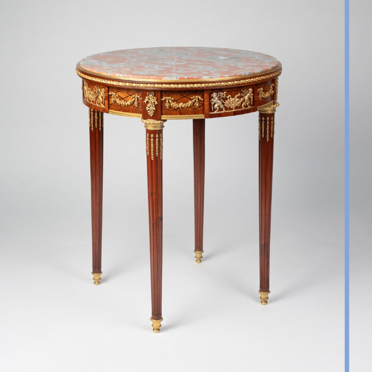 Louis XVI Style Pedestal Table In Veneered Wood And Gilt Bronze, 19th Century-photo-2