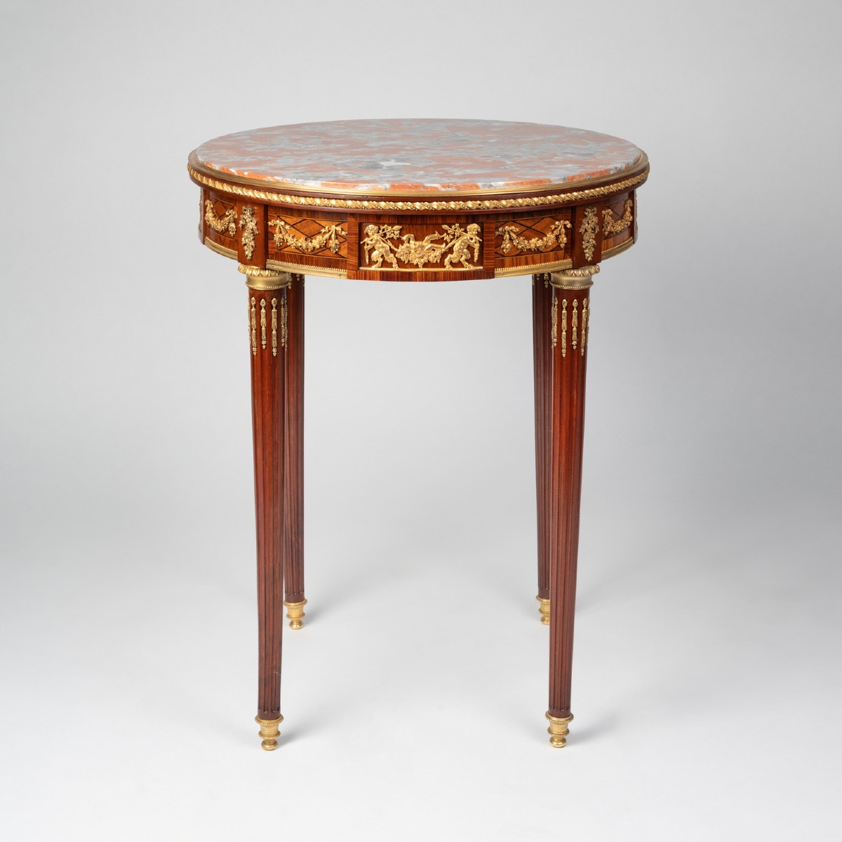 Louis XVI Style Pedestal Table In Veneered Wood And Gilt Bronze, 19th Century
