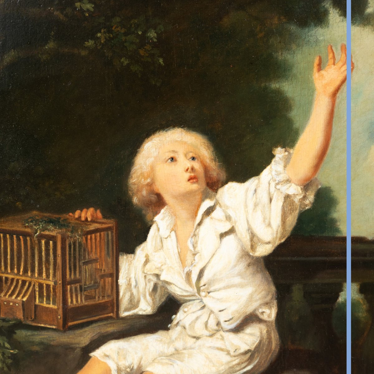 École Française du XIXe, Le piège à oiseaux, huile sur panneau, XIXe-photo-2