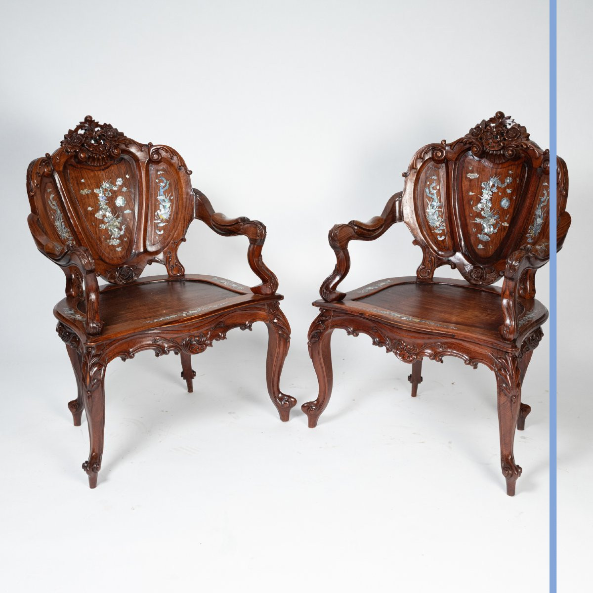 Indochinese Living Room Set Consisting Of A Bench And Two Armchairs, 20th Century-photo-2