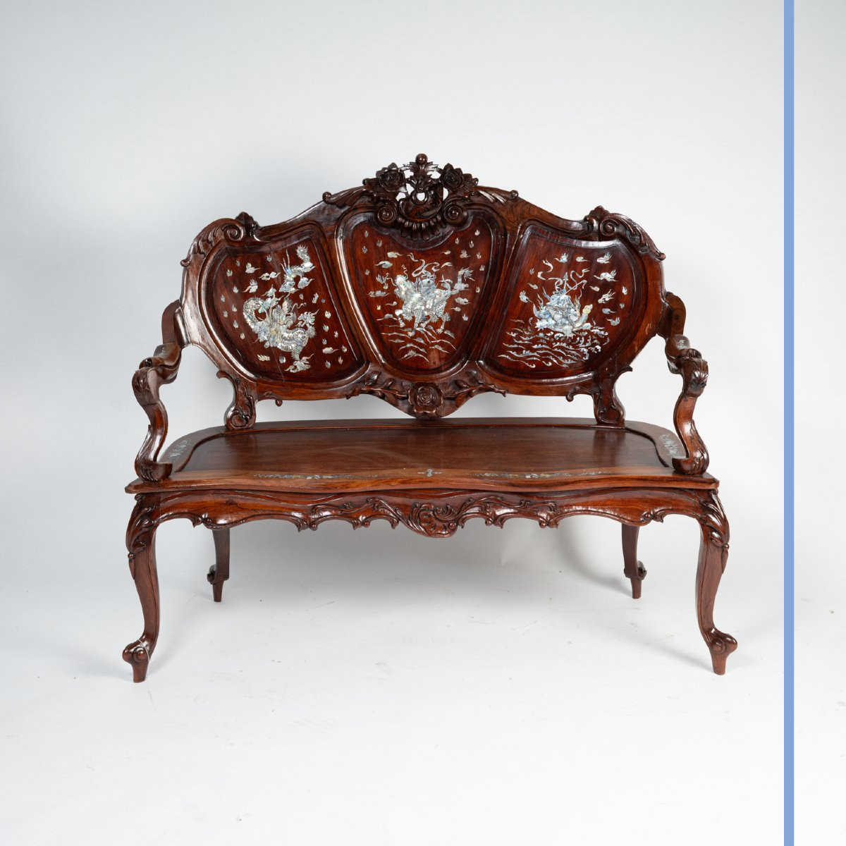 Indochinese Living Room Set Consisting Of A Bench And Two Armchairs, 20th Century-photo-3