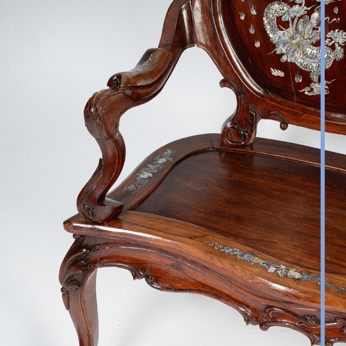 Indochinese Living Room Set Consisting Of A Bench And Two Armchairs, 20th Century-photo-7