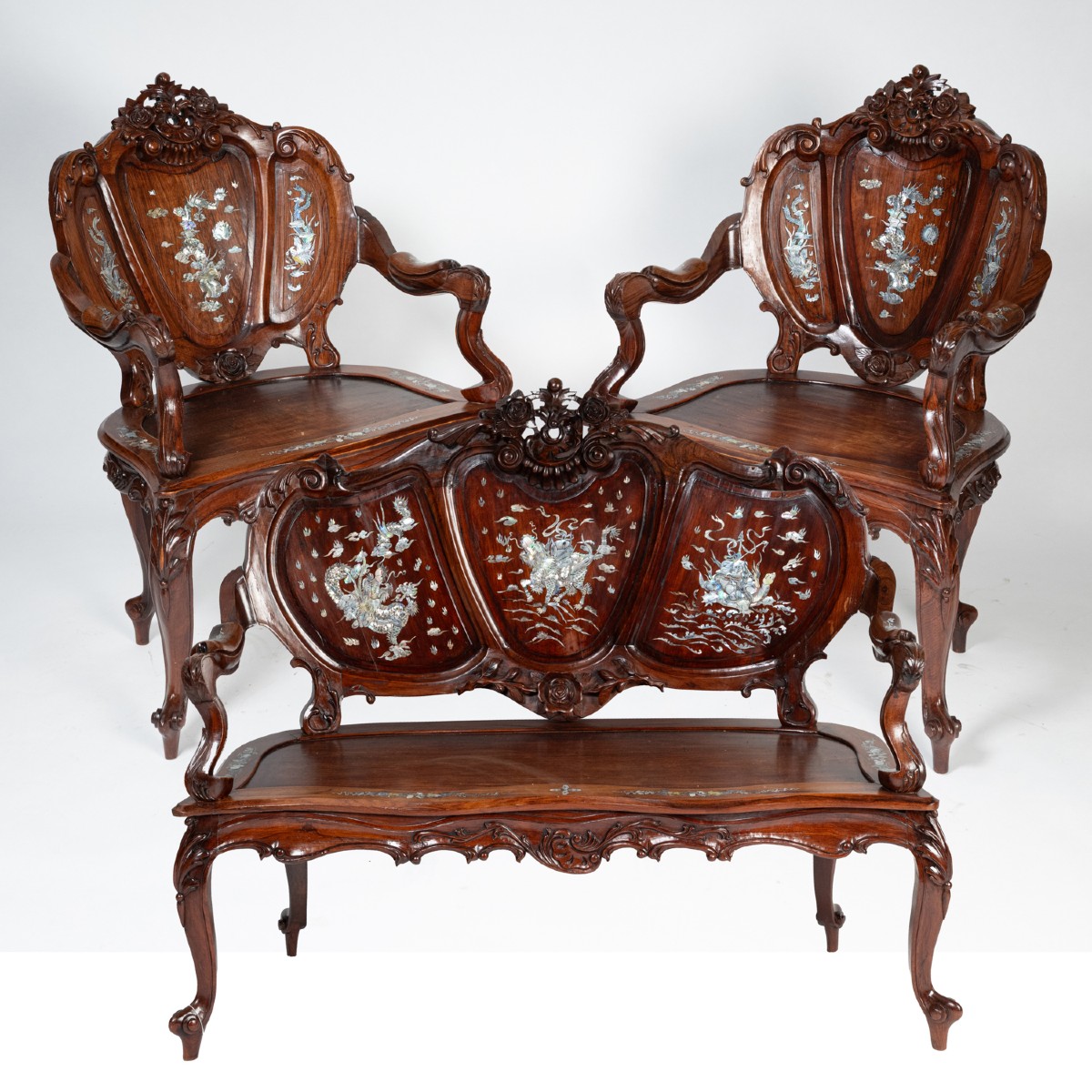Indochinese Living Room Set Consisting Of A Bench And Two Armchairs, 20th Century