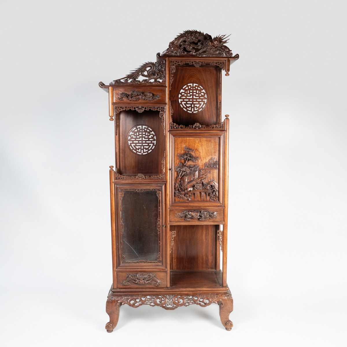 Indochinese Cabinet With A Dragon In Carved Exotic Wood, 20th Century