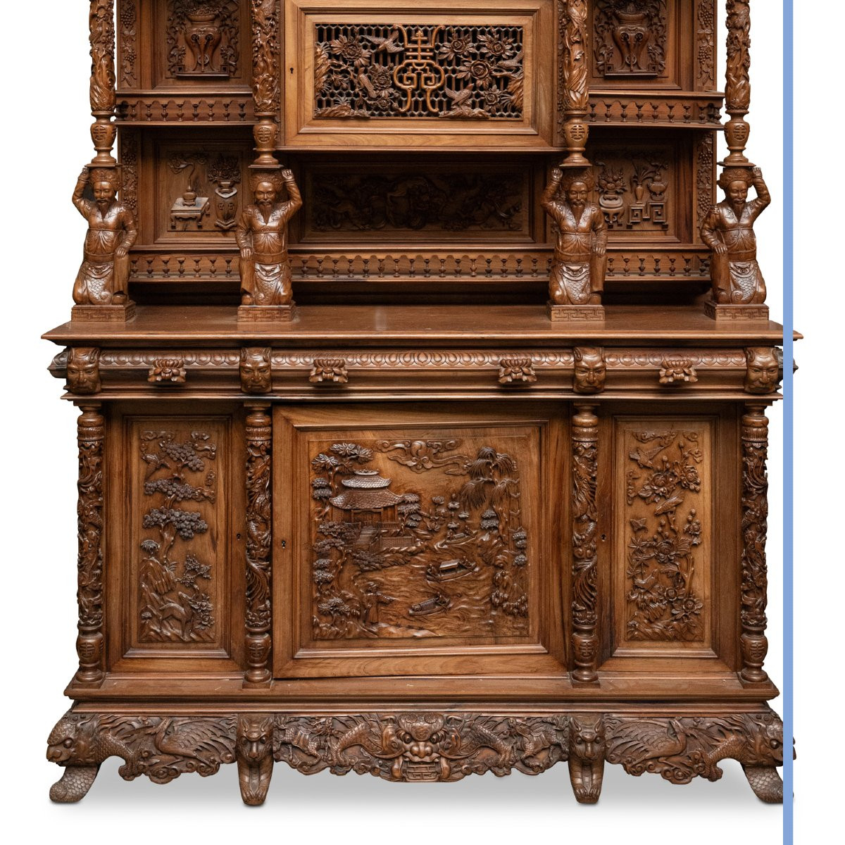 Indochinese Dining Room Set In Richly Carved Exotic Wood, 20th Century-photo-3