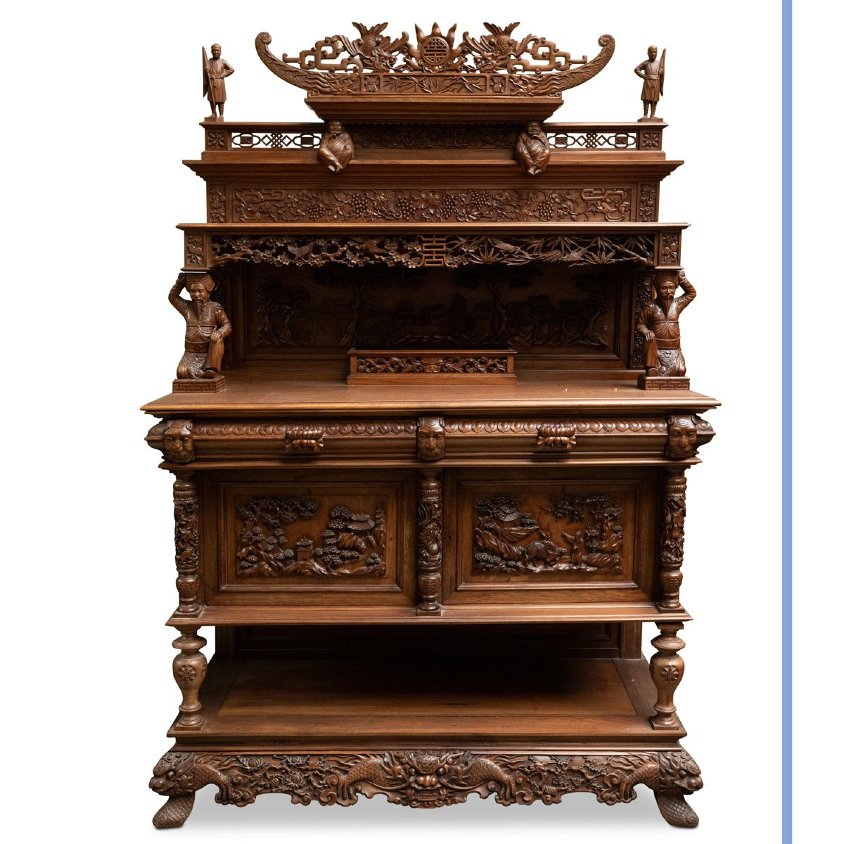 Indochinese Dining Room Set In Richly Carved Exotic Wood, 20th Century-photo-4