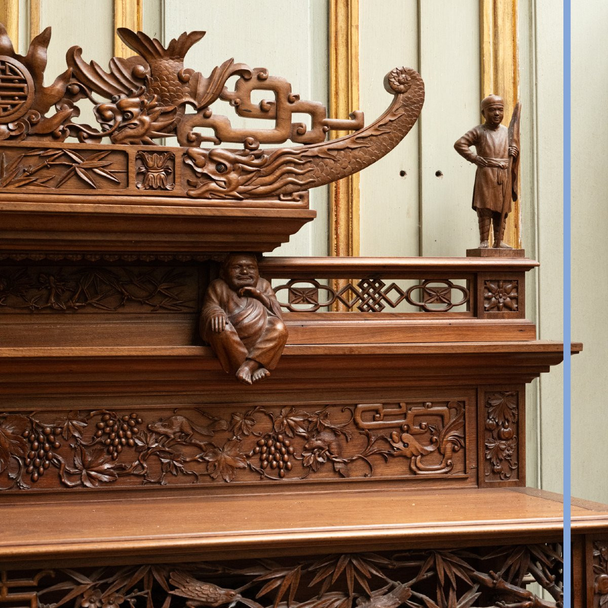 Indochinese Dining Room Set In Richly Carved Exotic Wood, 20th Century-photo-1