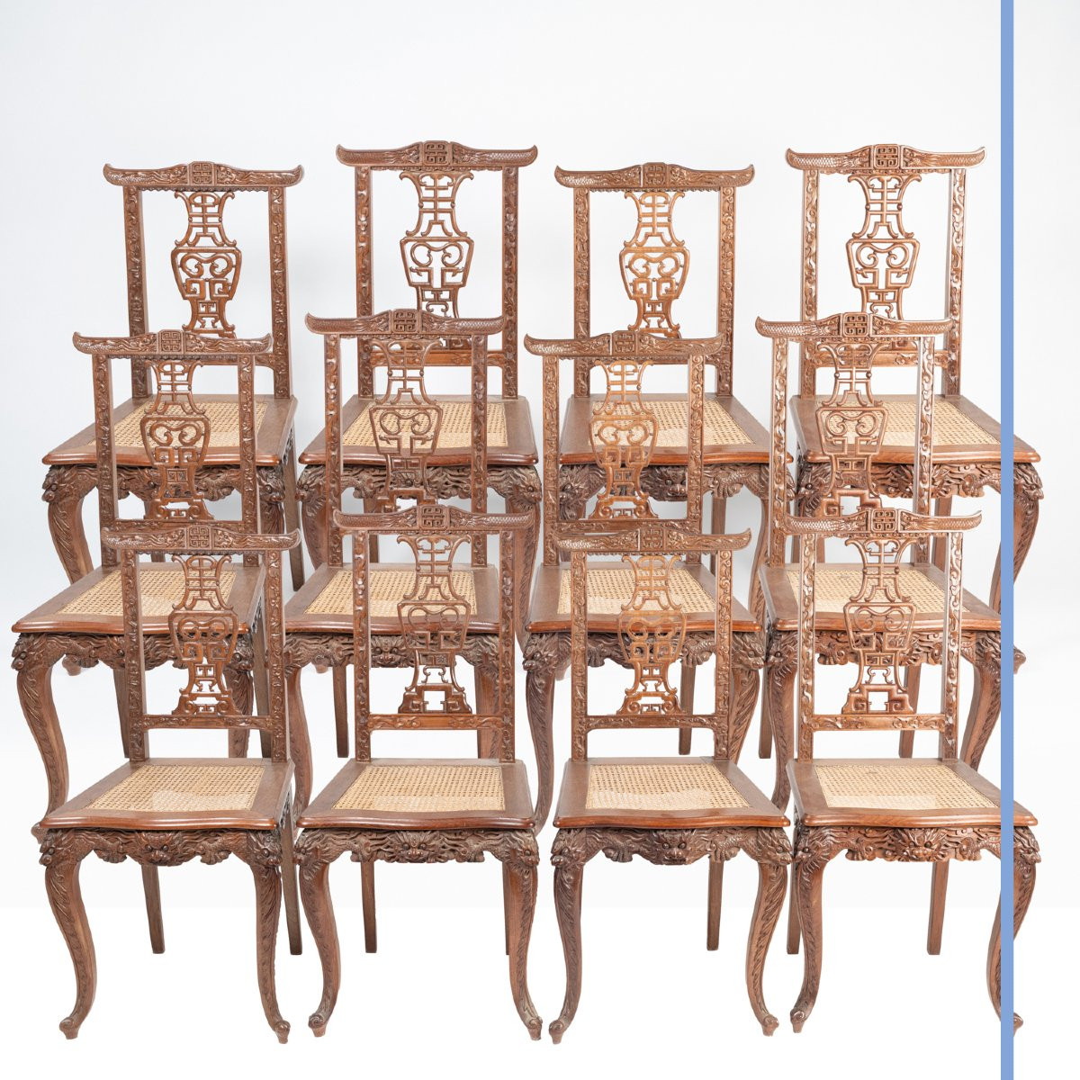 Indochinese Dining Room Set In Richly Carved Exotic Wood, 20th Century-photo-4