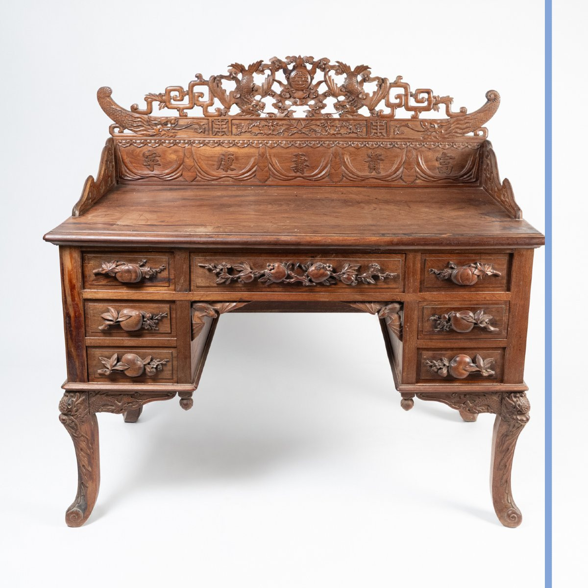 Indochinese Dining Room Set In Richly Carved Exotic Wood, 20th Century-photo-7