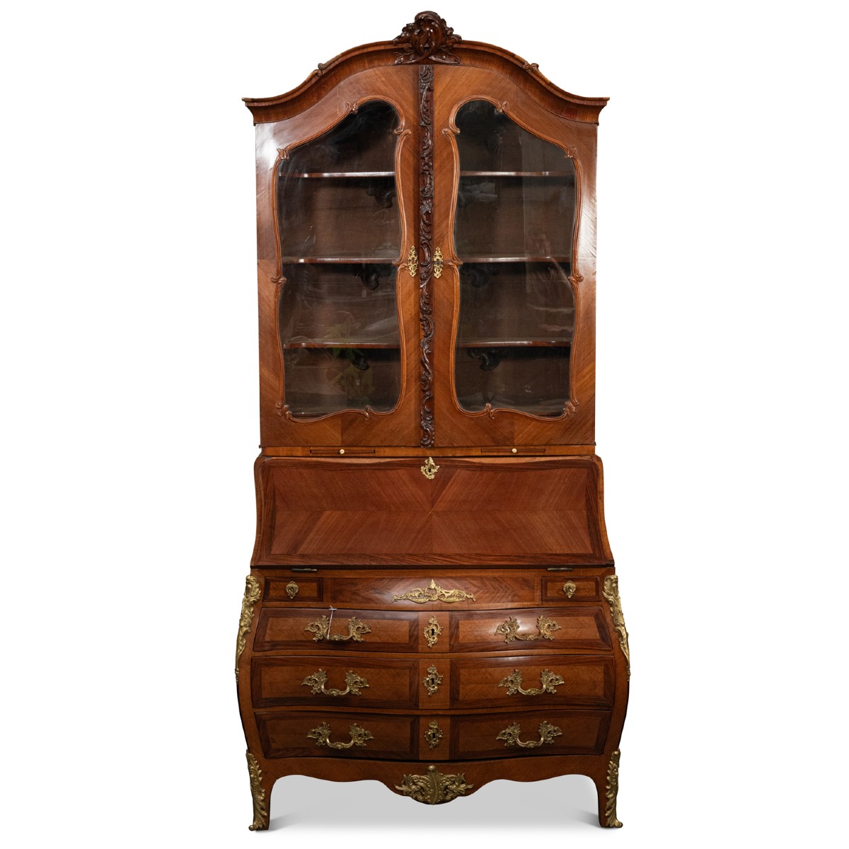 A Commode-style Writing Desk Surmounted By A Display Cabinet, Made Of Veneered Wood And Gilt Bronze, 18th Century.